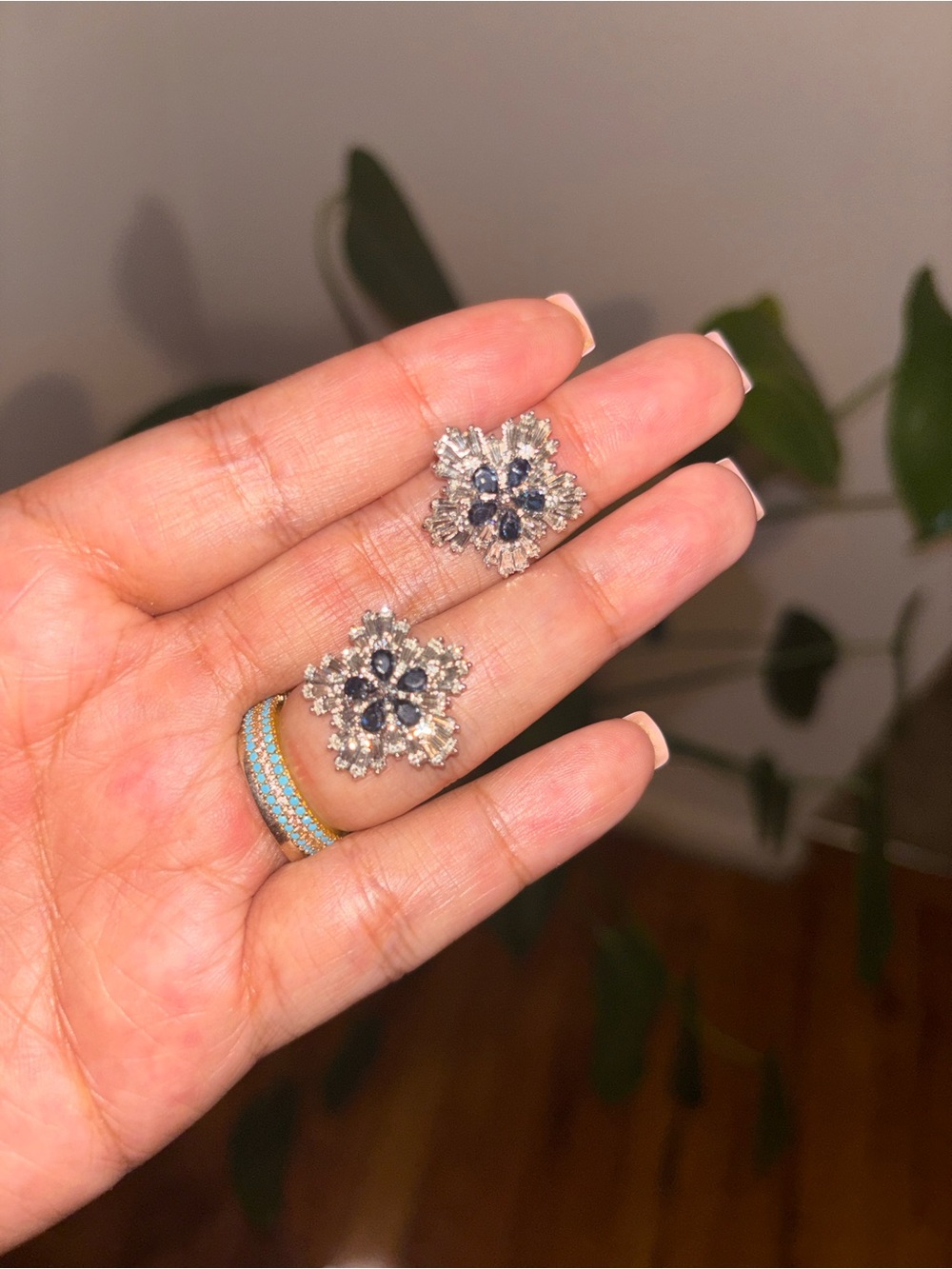 Sparkling Floral Cluster Stud Earrings - Silver with Blue Accents